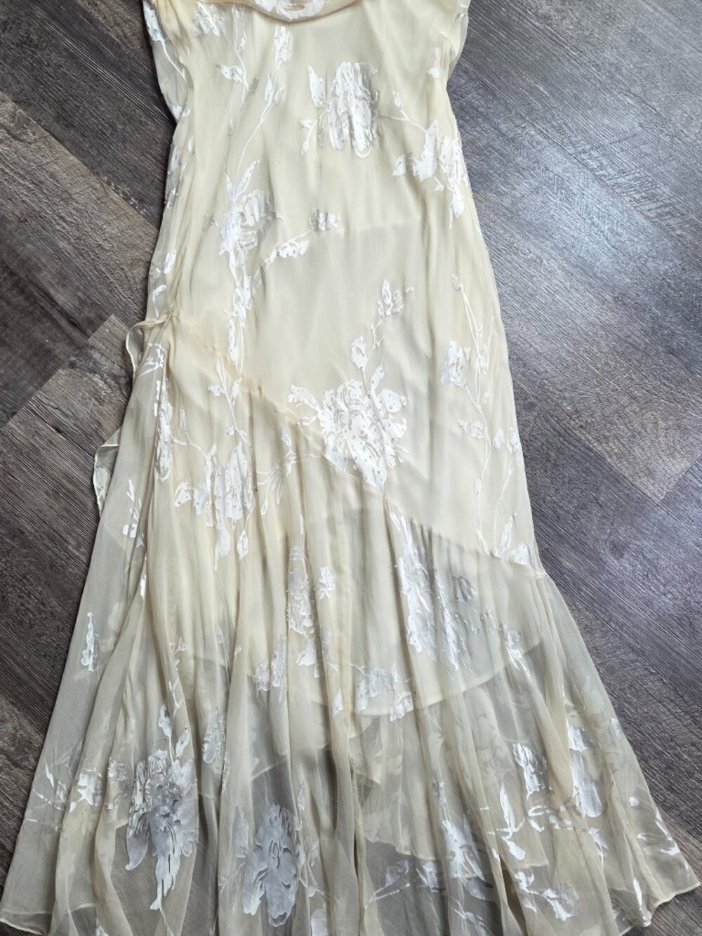 Y2K Cream Silk Floral Devore Draped-Top Bias-Cut Dress Sz 10 Rare